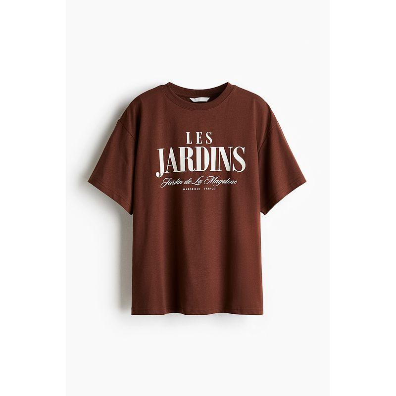 

HM Women s T-shirt 2025 Autumn New Arrival Loose Letters Print American round Neck Casual Short Sleeve Tops 1274174 Brown/Les Jardins 155/80(XS)