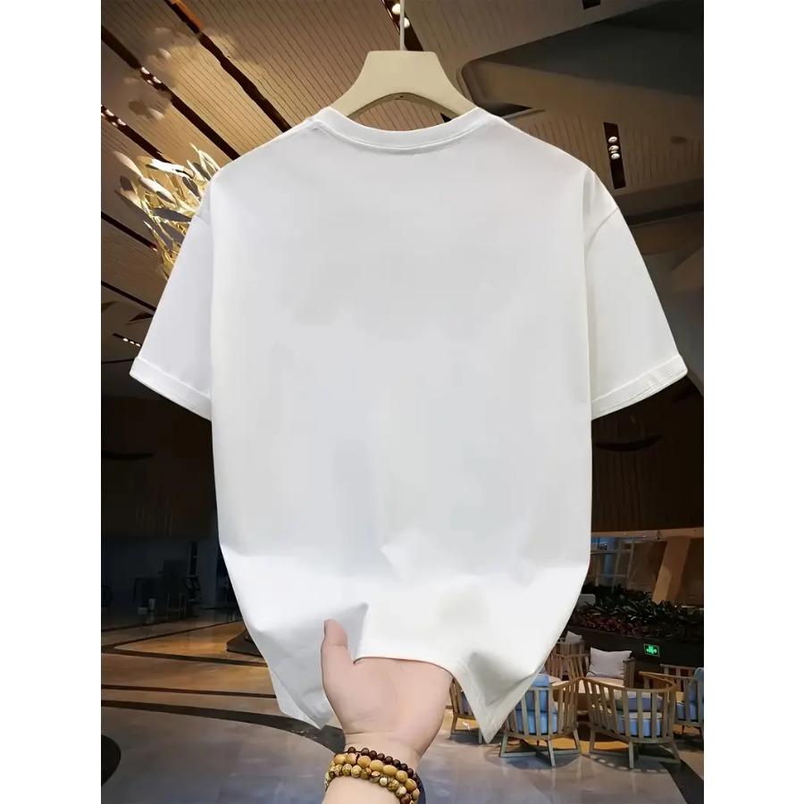 Men's Cotton Casual T-shirt, Round Neck Short Sleeved, Printed with Swiss Mountain Pattern, Regular Style, Slightly Elastic, Suitable for All Seasons