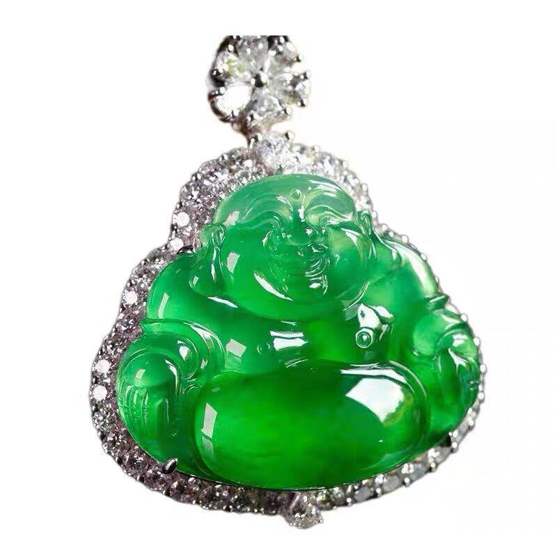 Ice-Type Green Jade Buddha Pendant with Floating Flowers