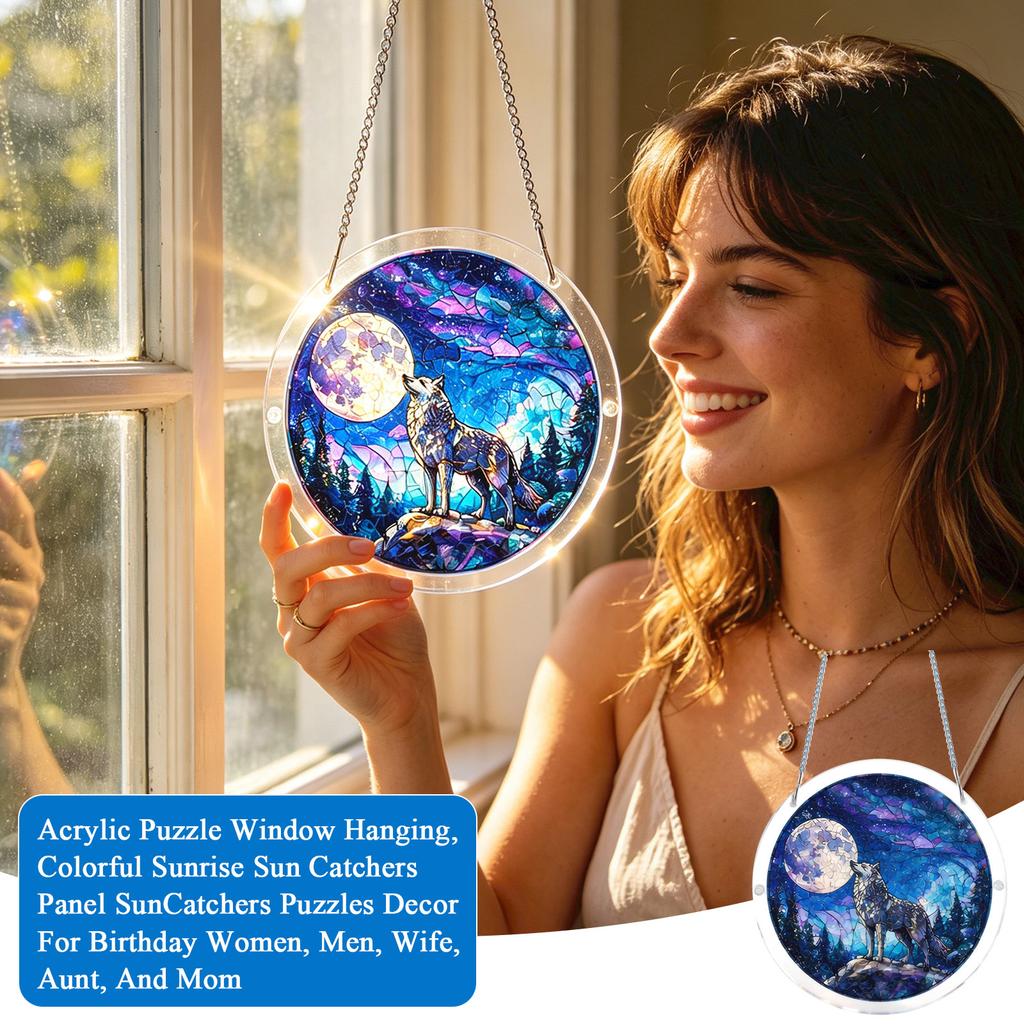 Acrylic Puzzle Sun Catcher Window Hanging Decoration 2D Circular Design Featuring Wolf Howling At Moon with Forest Background