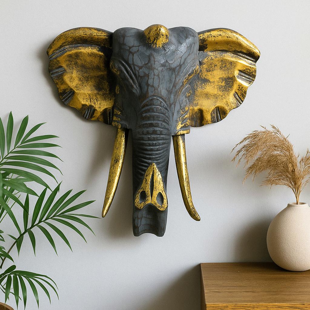 Shamtam Gold/Grey Large Wooden Elephant Head Decor, And