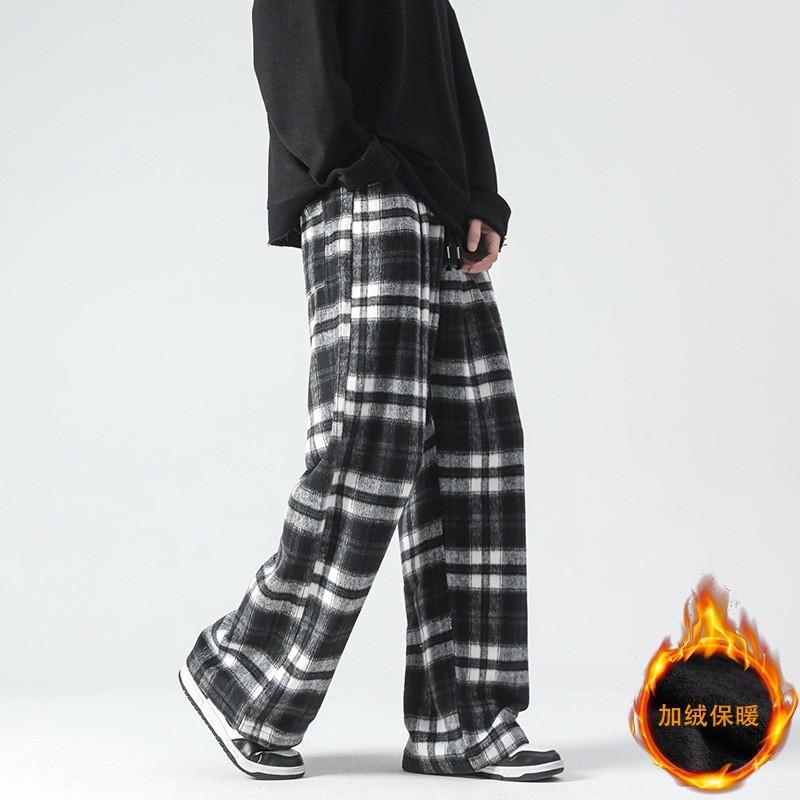 Winter Tweed Wide Leg Pants Men Plaid Straight Casual Trousers Couple Style