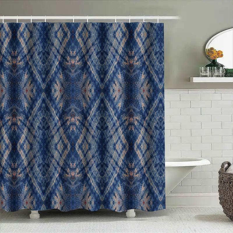 Blue Geometric Shower Curtain Waterproof Bath Decoration Wall Hanging Printed Decorative Fabric for Bathroom Medium Size 72x84in