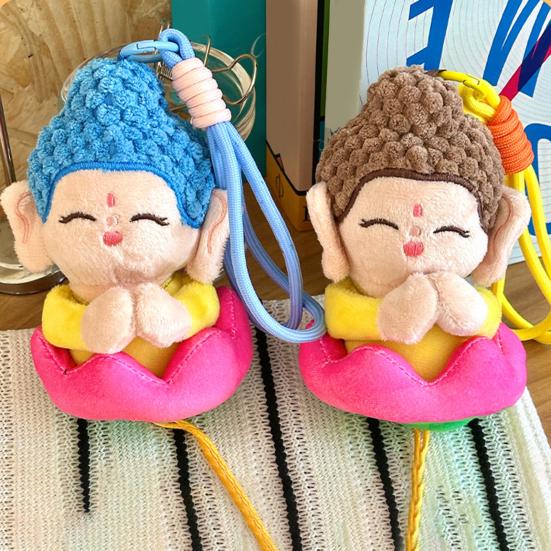 Cartoon Buddha Pendant Keyring with Lanyard Plush Doll Toy Soft Velvet Hanging Ornament Bag Decoration