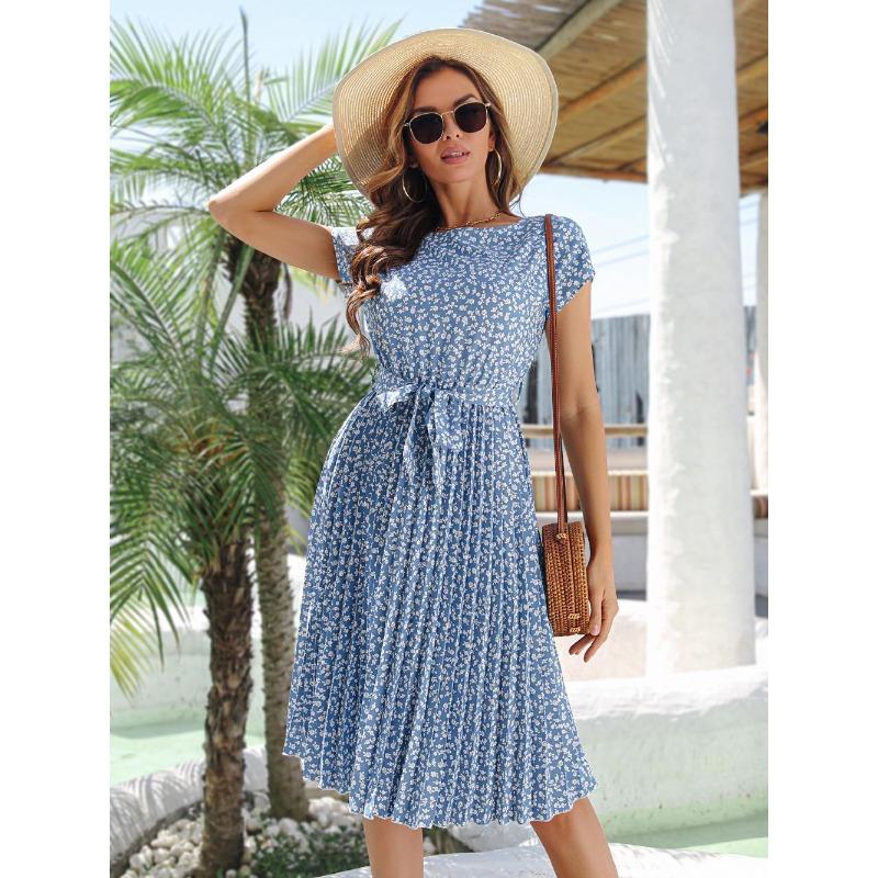 

2026 Summer Sweet Floral Pleated Dress with Lace-Up Waist and Round Neck Short Sleeves Small світло-синій колір