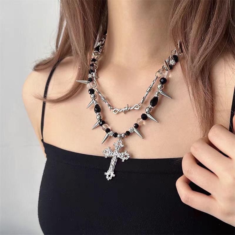 Gothic Dark Style Beaded Thorns Rivet Cross Necklace Women'S Punk Vintage Double Layer Chain Jewelry Accessory
