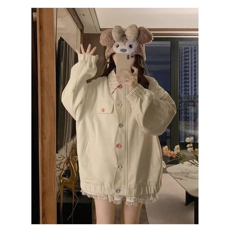 Cute Ruffle Collar Jacket For Women Oversized Casual Button Up Coat