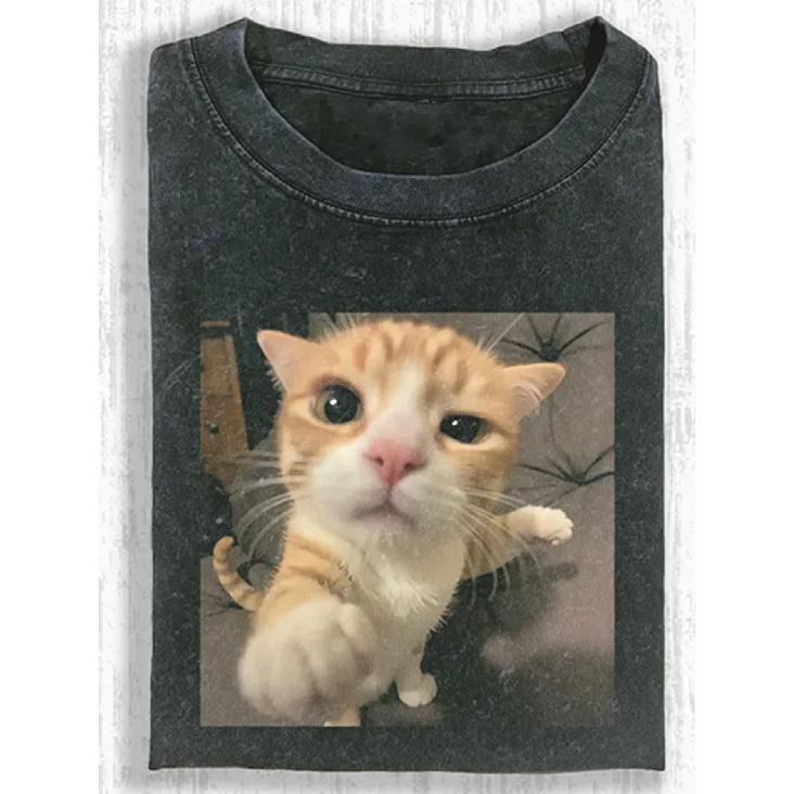 Orange Cat's First Perspective Punching Meme Printed Short Sleeved Shirt, Street Style Men's Pure Cotton Washed Short Sleeved T-shirt, 230g Washed