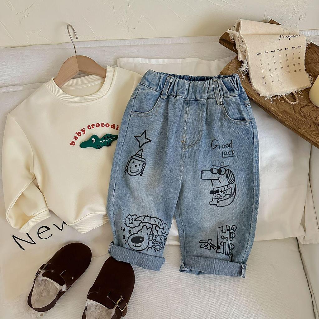 Spring/Autumn Kids' Cartoon Jeans - Boys' Casual Loose Fit Long Pants for Toddlers & Little Children