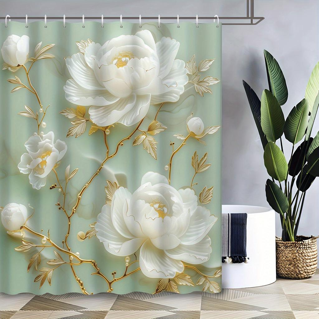 Elegant Peony Shower Curtain - Golden Leaf Design, Waterproof Polyester,  Machine Washable,  Floral Bath Decor