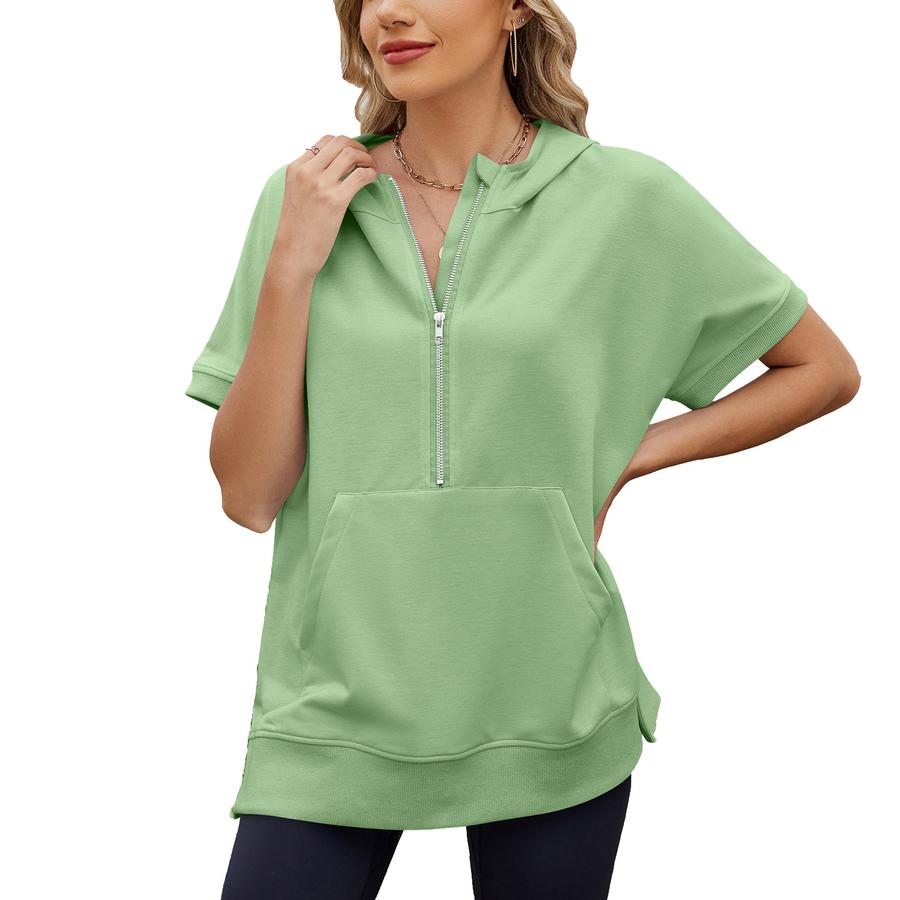 Spring Summer Loose Hooded Pullover Sweatshirt T-Shirt Top with Zipper Pocket