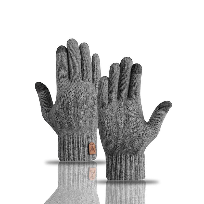 Winter Warm Gloves Touch Screen with Thick Velvet Knitted Cycling Cold Resistant Men's Gloves Five Finger Woolen Gloves