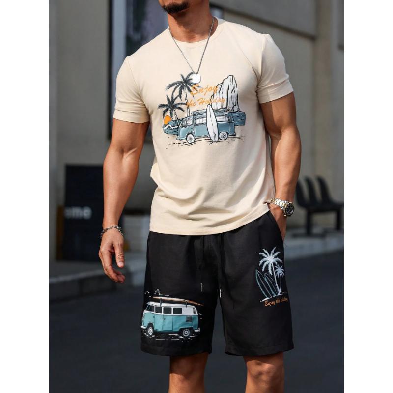 

Мужской летний комплект с коротким рукавом, комплект футболки с круглым вырезом с цветочным принтом, уличный, дышащий, комплект футболки и шорт на кулиске 6XL