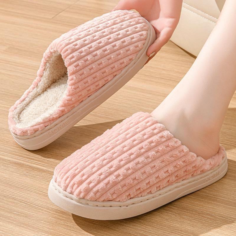 Plaid Cotton Slippers Men's Winter New Velvet Warm Inner Cotton Drag Couple Cotton Shoes Non-slip Silent Wool Slippers