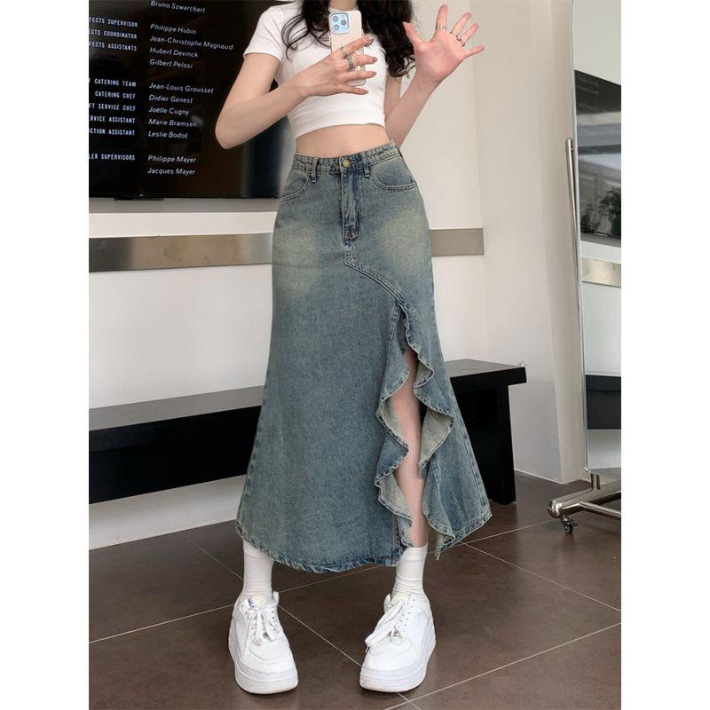 

Plus Size Stylish Ruffles Split Denim Skirt Women s Summer Retro High Waist Mermaid Dress Package Hip Skirt Tide Old color 4XL