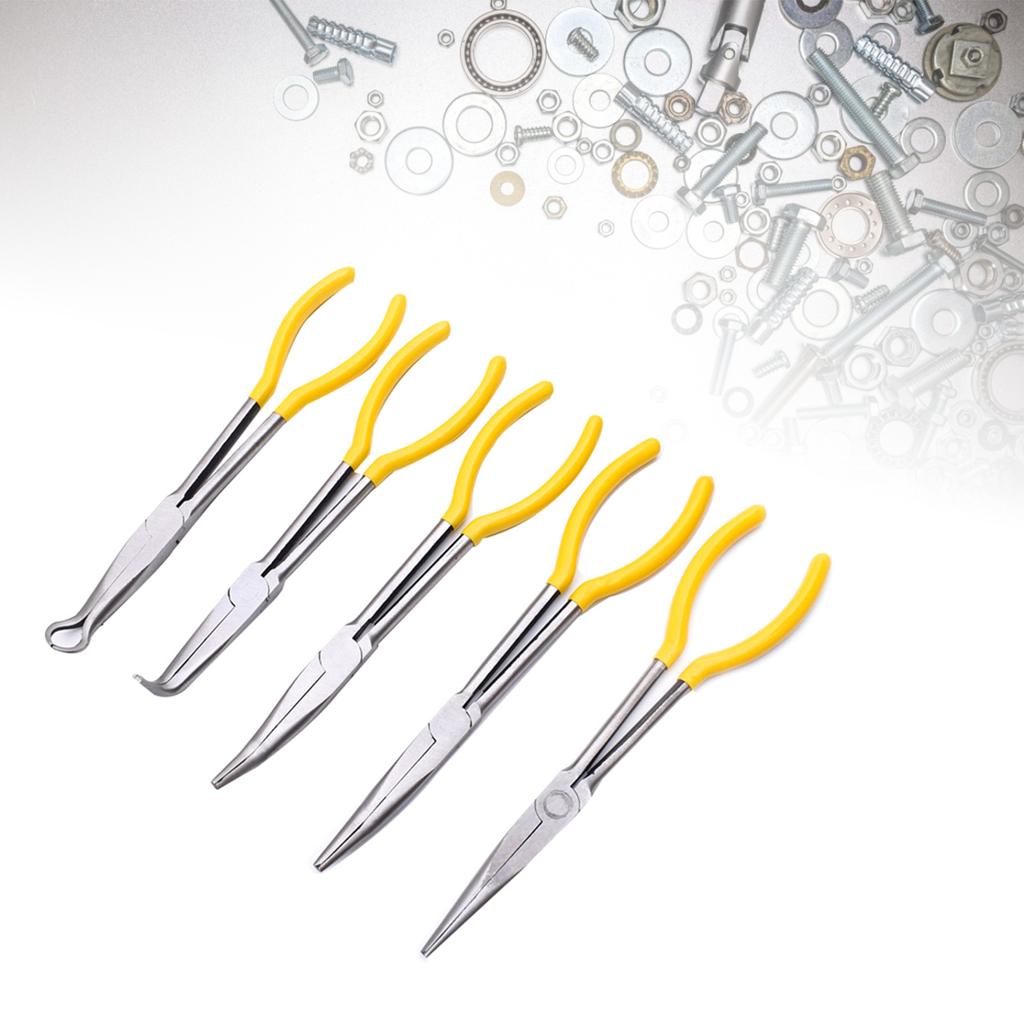 5Pieces 11 Inch Long Nose Pliers Bent Nose Plug Cable Puller Long Needle Nose Pliers Wire Cutter Hose Clamp Hand Tools