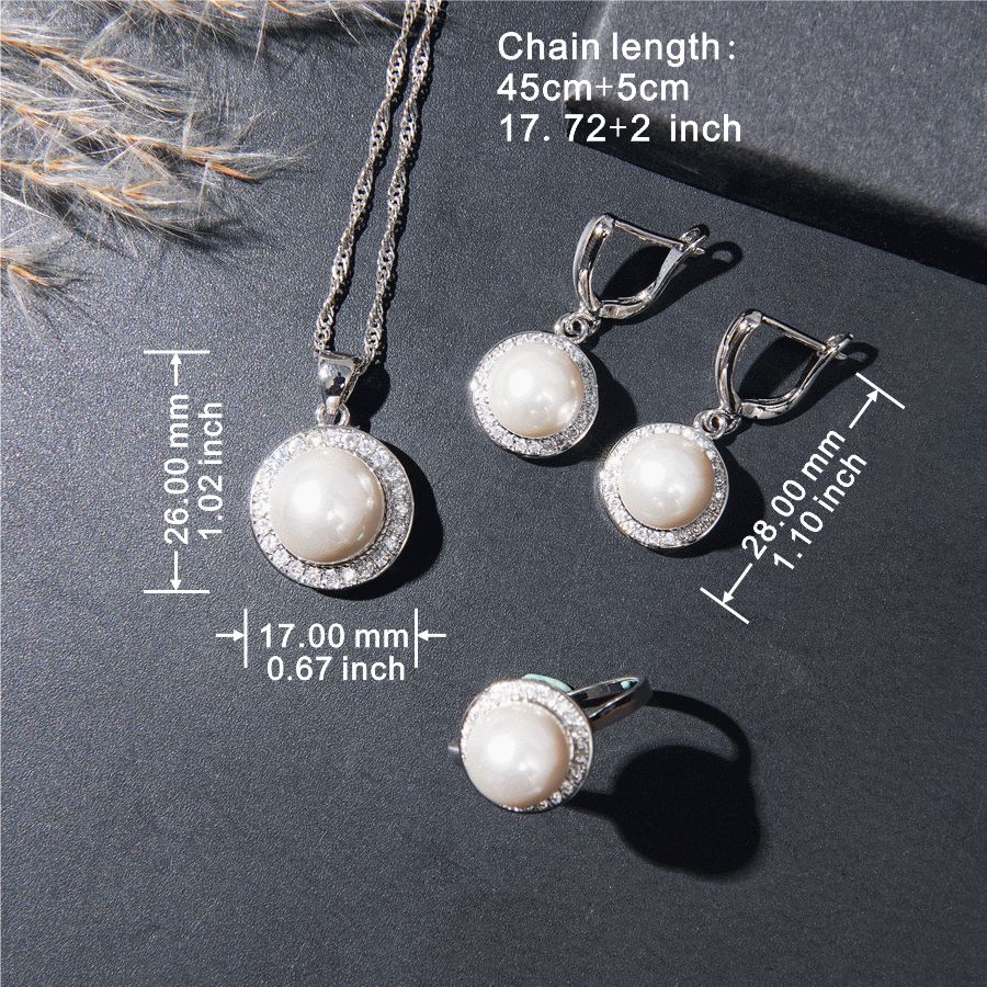 Sparkling For Women White Pearl Zirconia Jewelry Set, With Ring, Earrings, Pendant, Necklace Set, Bridal Wedding Christmas Gifts