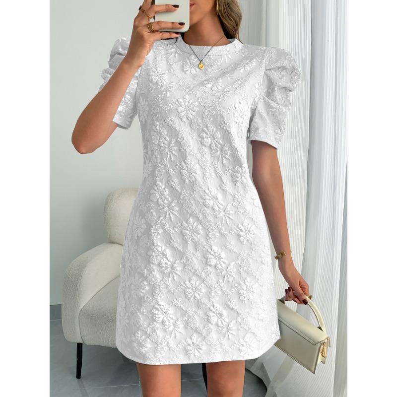 Dámské letní nové šaty s texturovaným žakárovým vzorem s bublinkovými rukávy, kulatým výstřihem, ve vintage stylu, jednobarevné