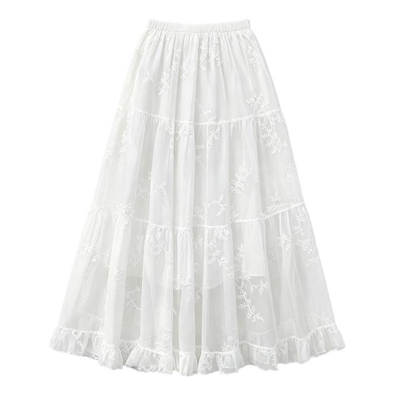 Qooth Lace Embroidered Tulle Maxi Skirt High-Waist Slimming A-Line Tiered Cake Skirt Fairy Full Flare Summer QT2914