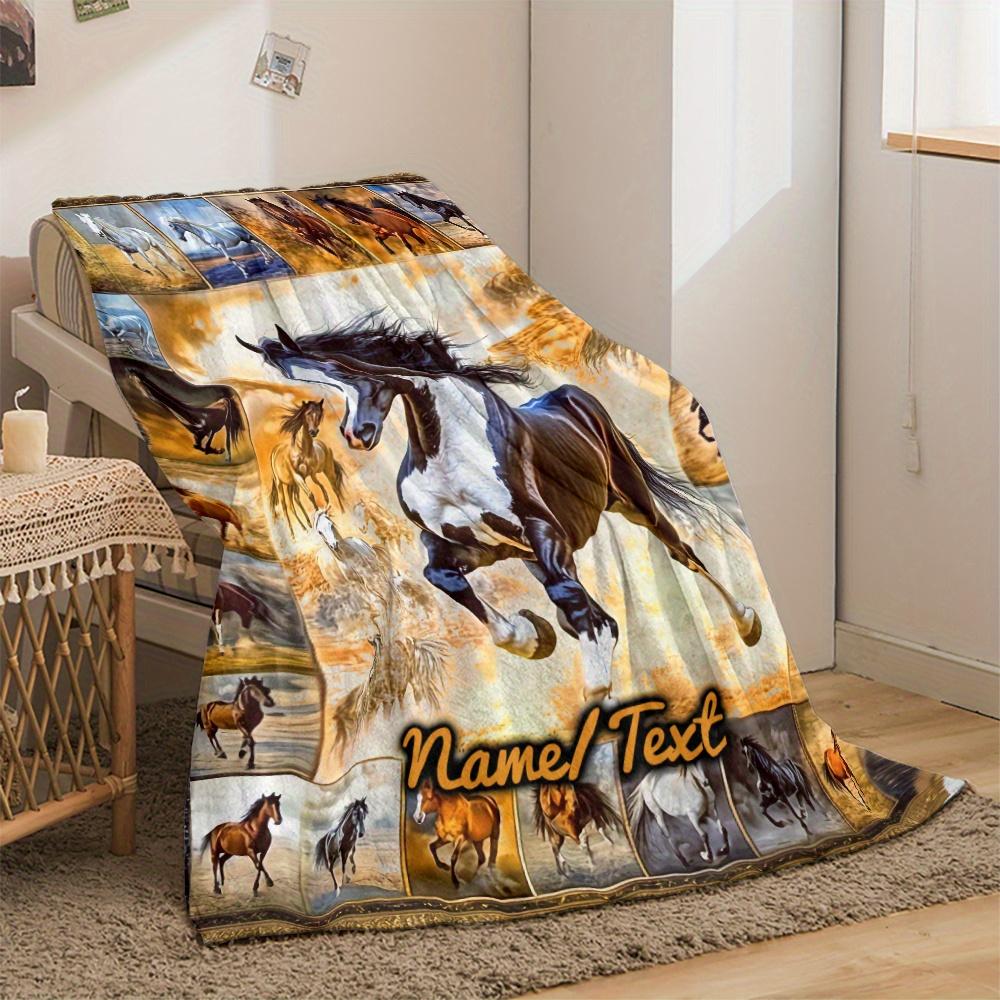 Horse Blanket Soft Flannel Throw with Majestic Black & White Horse Design, Lightweight & Warm for Home, Travel