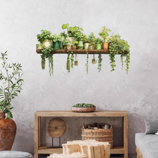 Green Plant Wall Stickers, Realistic Pothos Leaves Hanging Basket Plant Stickers, Decorative Wall Decals, Peel & Stick Wall Sticker