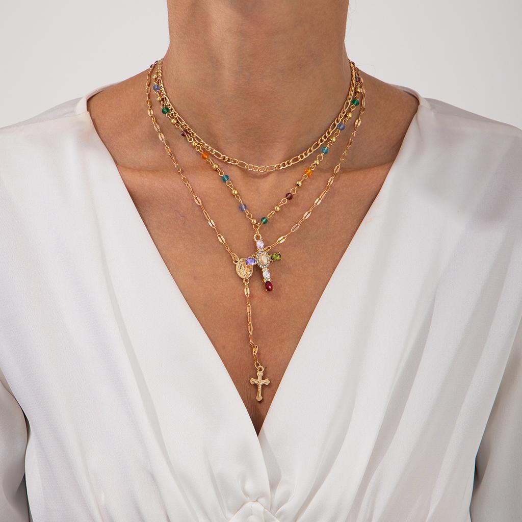 European and American Sense Y-shaped Fringed Necklace Women, Creative Color Double-layer Cross Pendant Collarbone Chain Necklace