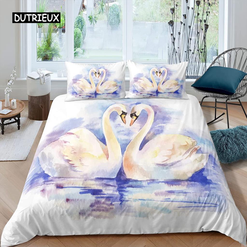 Swan Duvet Cover Black and White Swan Duvet Cover Queen Bird Comforter Cover Microfiber Romantic Flower Wild Animals Quilt Cover