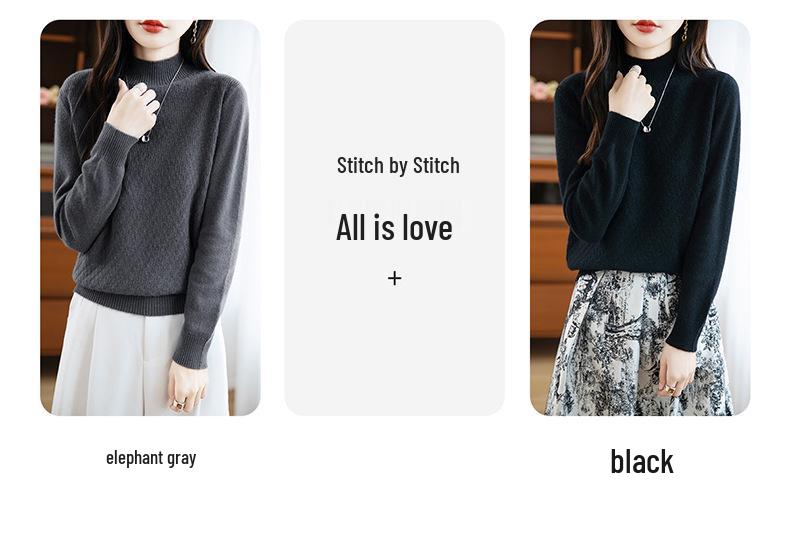 Women's Korean Style Wool Knit Sweater - Half-High Neck, Long Sleeve, Loose Fit