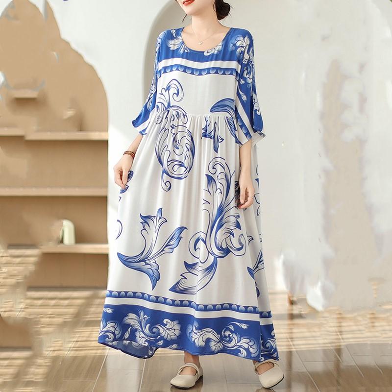 Krótki rękaw Plus rozmiar bawełniana satyna vintage kwiatowy nowy w sukienkach dla kobiet na co dzień luźna długa letnia sukienka