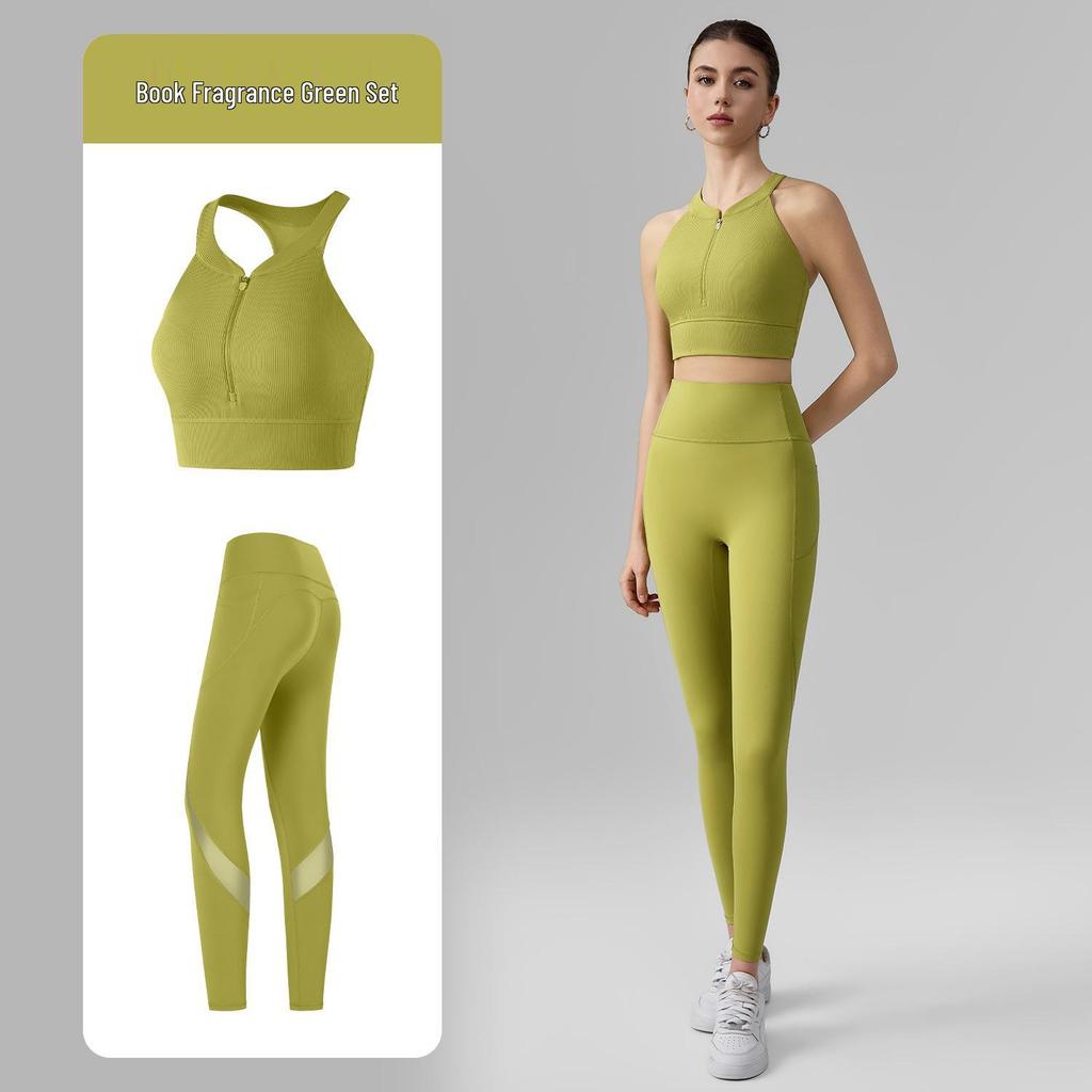 Women's High-Intensity Yoga Set: Zipper Sports Bra & Mesh Leggings with Pocket