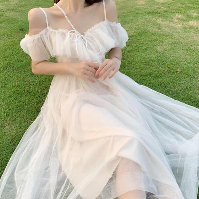 Malha babados slash neck fora do ombro rendas até mulheres verão coreano vestido branco feminino vestidos de cinta de espaguete