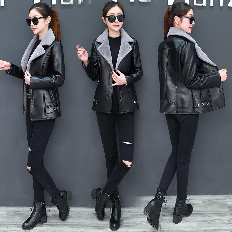 Lapels Faux Leather Jacket Women Spring Autumn Slim Fit Cardigan Coat Outerwear Lady Short Jacket
