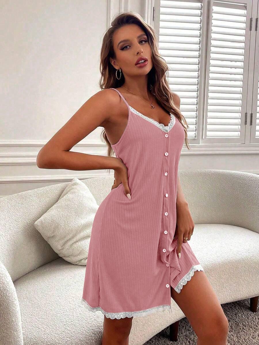 Женская кружевная отделка, пуговицы, сексуальная комбинация, пижама - европейская и американская летняя одежда, повседневное домашнее платье M розовый