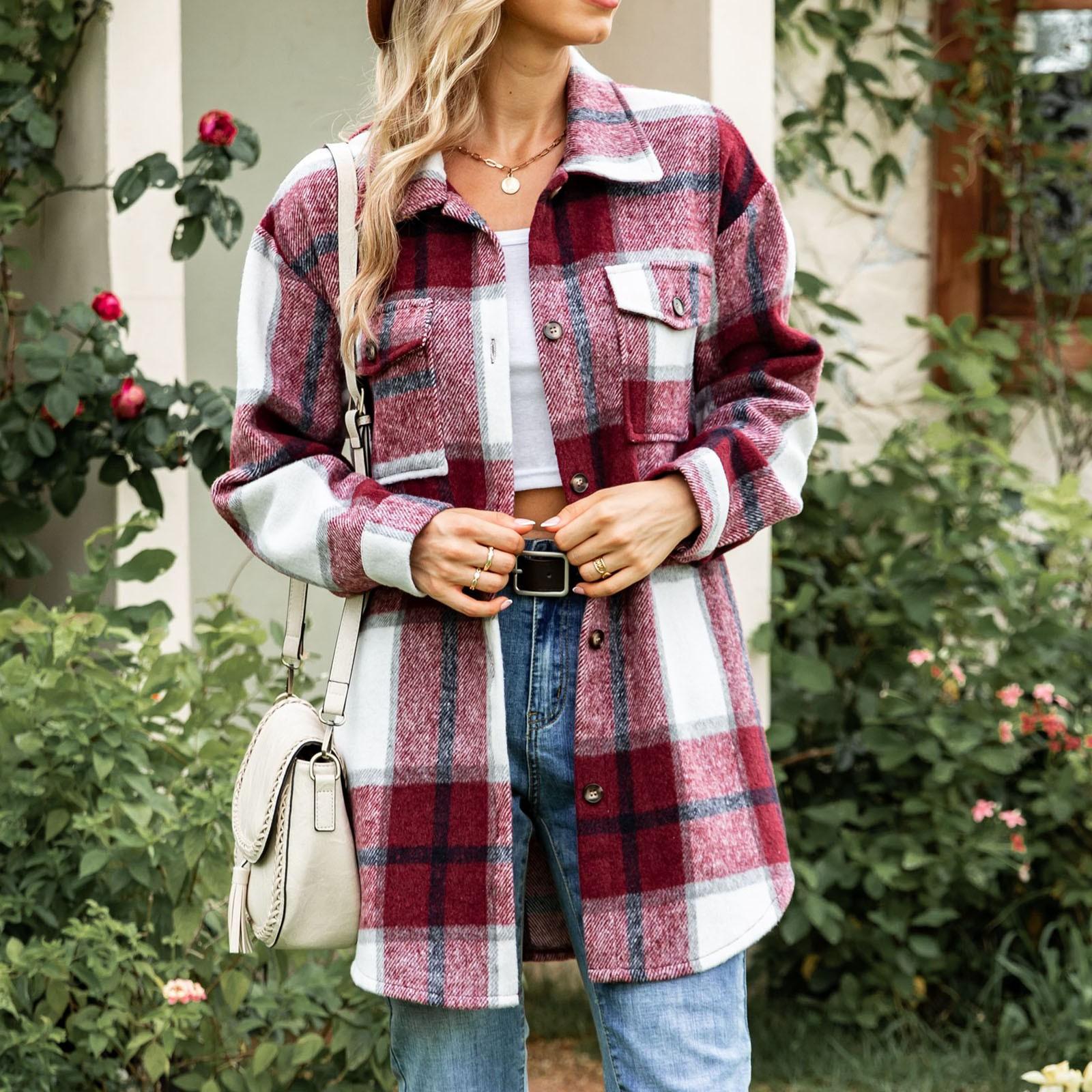 

Женская твидовая клетчатая рубашка с длинным рукавом, однобортная повседневная куртка с лацканами M винный