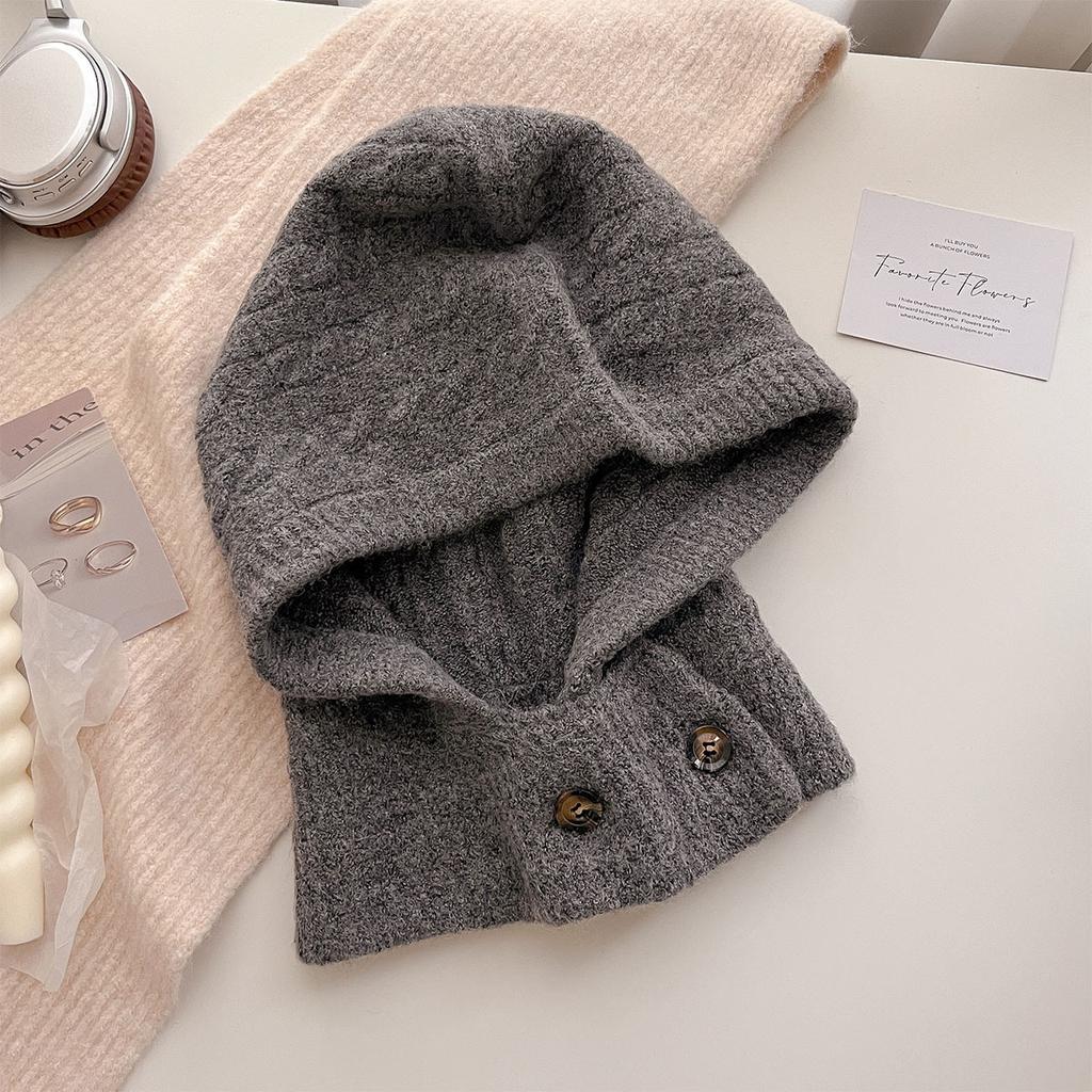 Soft Solid Beanie Winter Women Warm Knit Hat Pile Caps Button Ear Protection Tie Pullover Hat