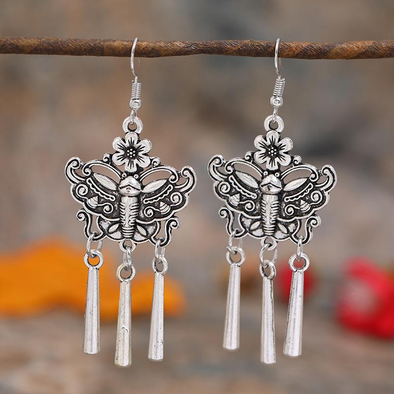 Retro Tibetan silver fringed earrings women's long temperament versatile earrings fashion personality vacation earrings
