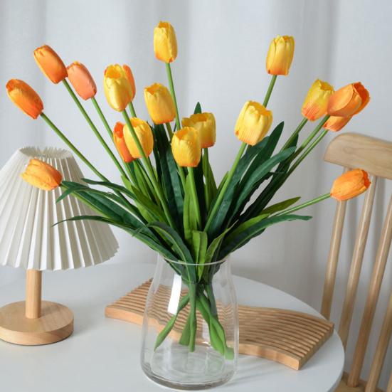 Artificial Flowers 3-Head Silk Tulip Bouquet with Bendable Iron Wire Stem Faux Floral Arrangement Wedding Decorations Photography Props