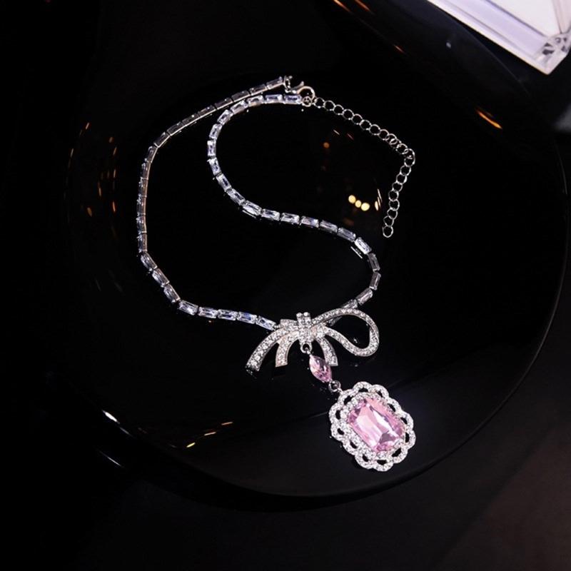 Elegant Square Crystal Pendant Necklace/Earring Chic Bowknot Jewelry Accessories Perfect for Daily Wear and Parties