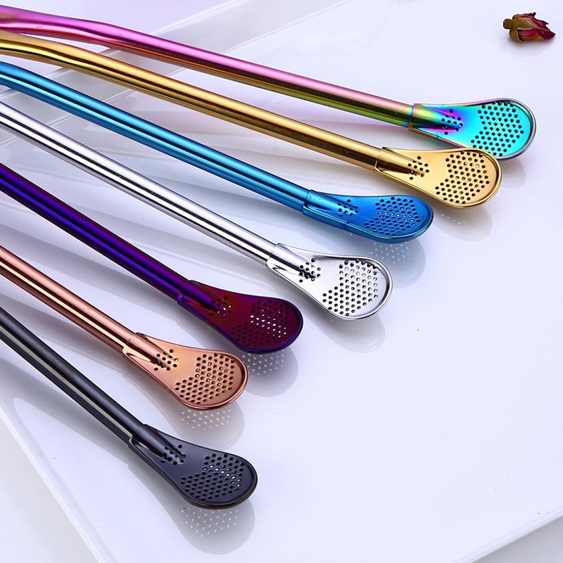1 Pcs Fashion Color Multi-functional Drinking Straws Stainless Steel Straws Stir Bar Spoons Kitchen Tools