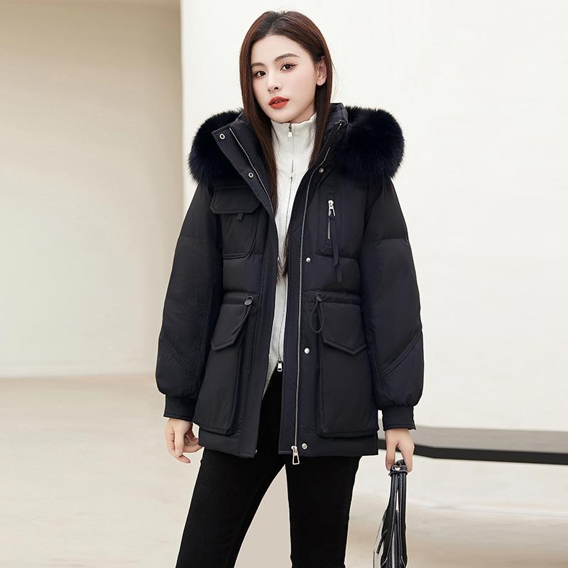 Big Fur Collar Down Jacket Women's New Hooded Thickened Mid-length White Duck Down Slim Coat Winter
