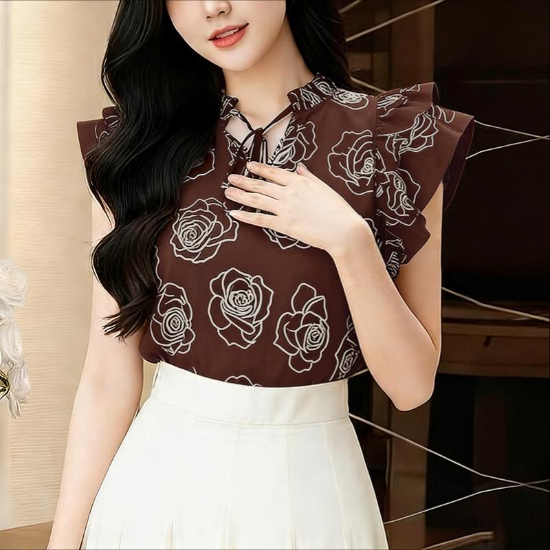 ZANZEA Womens Casual Round Neck Ruffles Short Sleeve Loose Print Blouse