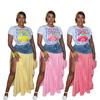 Europese & Amerikaanse Dames Sexy Mode T-shirt en Denim Patchwork Hoge Taille Split Geruite Rok Set