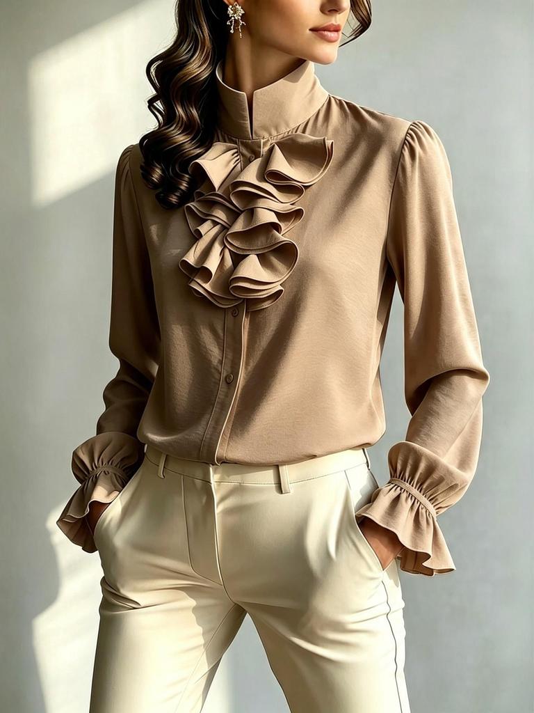 Women's 2025 European Style Ruffle Stand Collar Loose Shirt