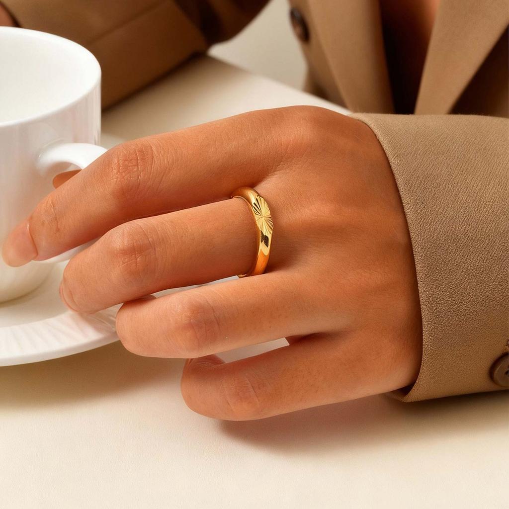 Fashion Minimalist Stainless Steel Ring for Women Men, Geometric Embossing Gold Plated Rings, Trendy Finger Jewelry Wedding