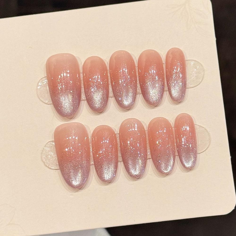Handmade Luxury Nude Gradient Cat Eye Press On Nails Medium Length Reusable Full Cover False Nail Tips Set