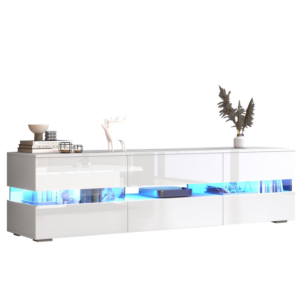 Moderner weißer High-Gloss TV-Schrank, 160x39x45 cm, LED-Beleuchtung, 2 Türen, 1 Schublade, Offenes Fach, 70-Zoll-Fernseher, Acrylglas-Einsatz, Push-to-Open