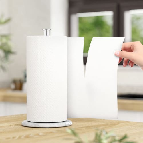 Susswiff Countertop Paper Towel Holder with Natural Marble Base, Kitchen Roll Holder, Standing Paper Towel Dispenser for Standard or Jumbo Rolls, Brus