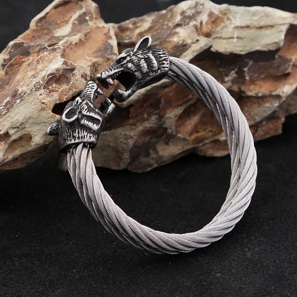 Retro Viking Double Wolf Head Bracelet for Men Punk Stainless Steel Twisted Cable Open Cuff Bangle Bracelet Dropshipping