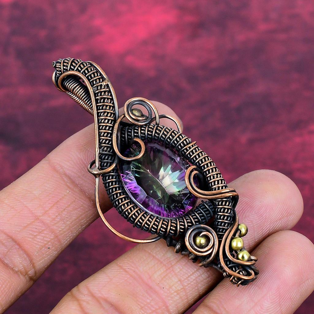 Rainbow Mystic Topaz Pendant Copper Wire Wrapped Jewelry Dainty Gemstone Pendant