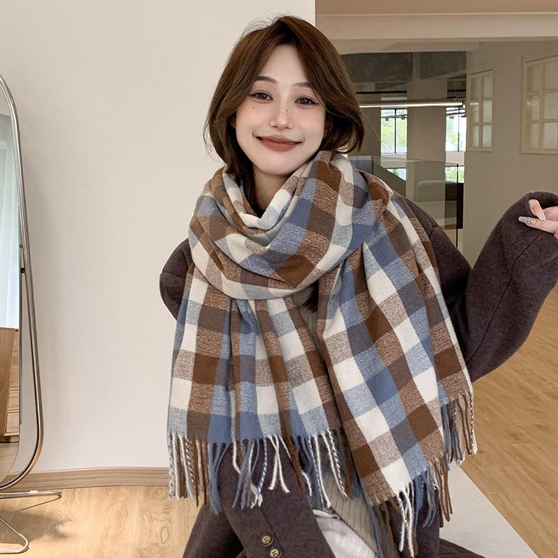 New Style Cashmere Imitation Japanese Small Lattice Scarf In Winter WomenS Medium Long Thickened Leisure Warm Keeping Scarf
